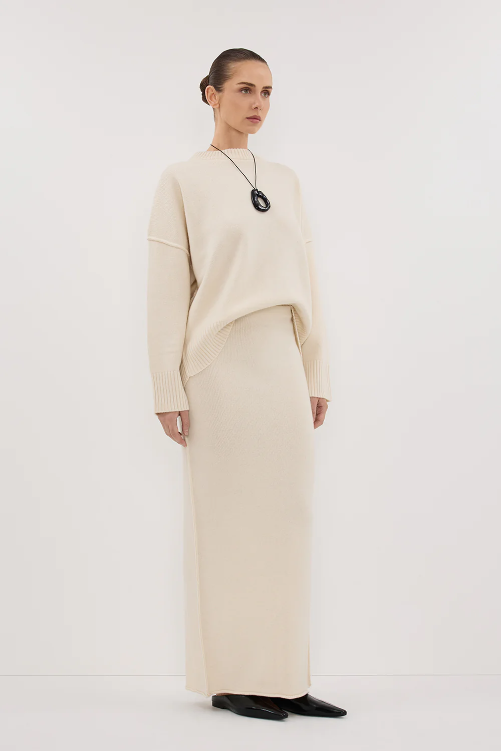 PAIGE CREAM WOOL KNIT MIDI SKIRT - Gamepaces