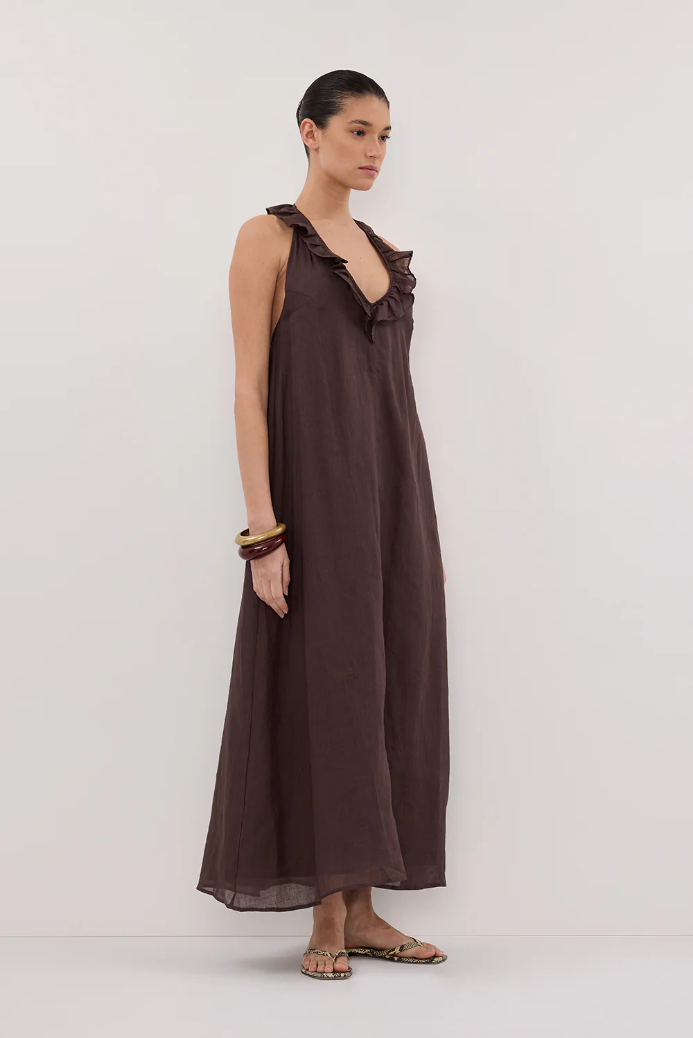 HAZEL DARK CHOC RAMIE SLEEVELESS MIDI DRESS - Gamepaces