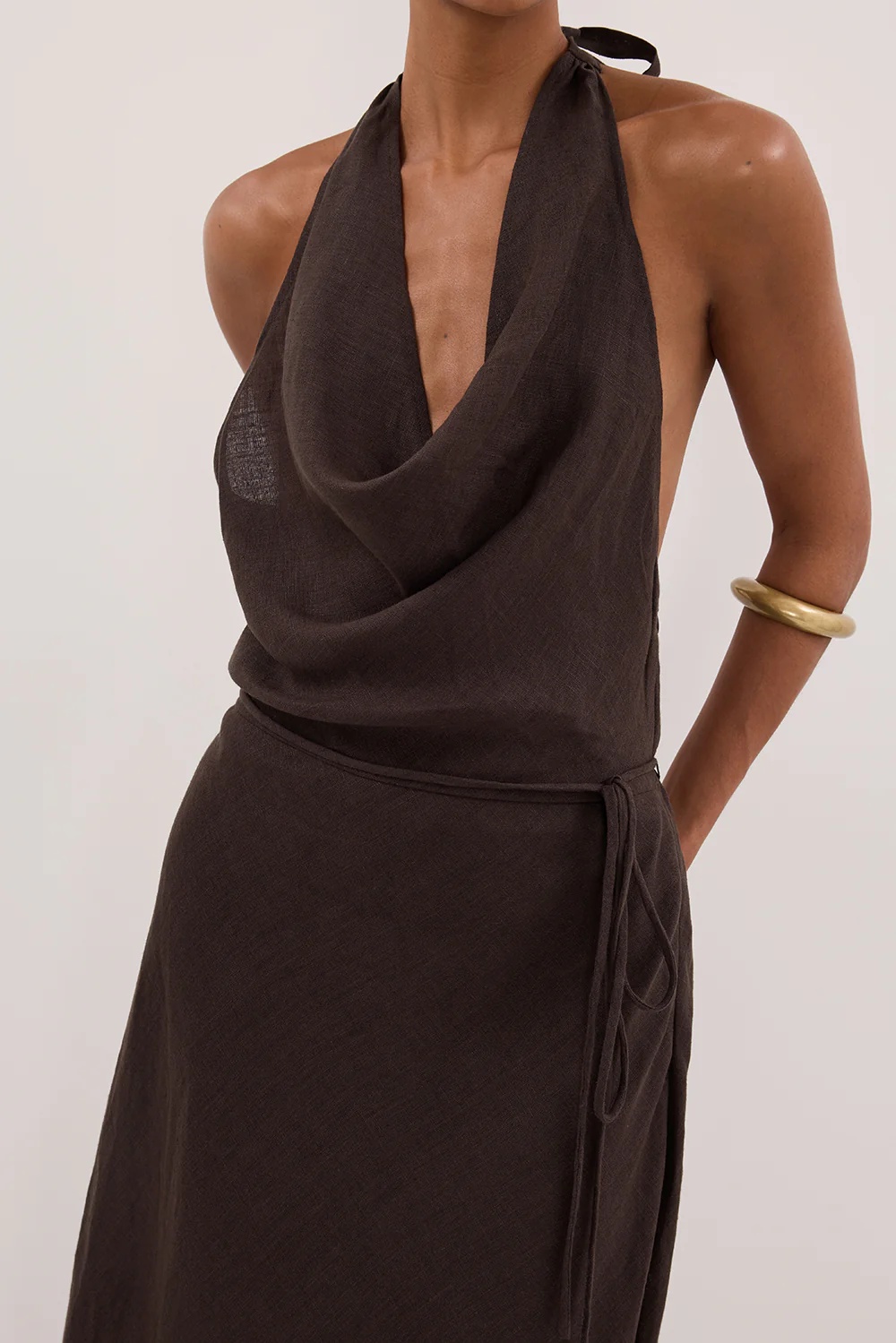 HAYLEE BURNT CHOC SLEEVELESS LINEN COWL DRESS - PRE ORDER - Gamepaces