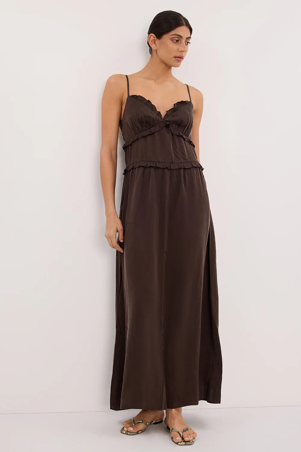 LENA BITTER CHOC SILK SLEEVELESS MAXI DRESS - Gamepaces