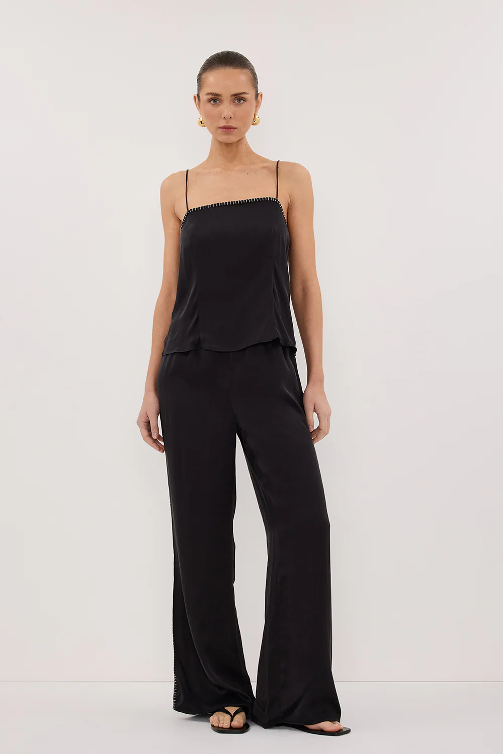 PIPER BLACK SLEEVELESS SILK STITCH DETAIL CAMI TOP - Gamepaces