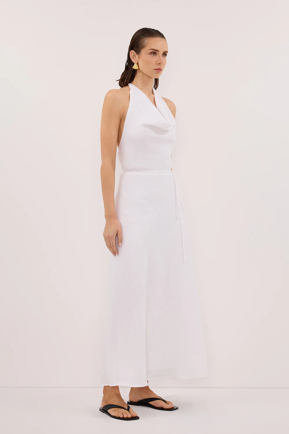 HAYLEE WHITE SLEEVELESS LINEN COWL DRESS - Gamepaces