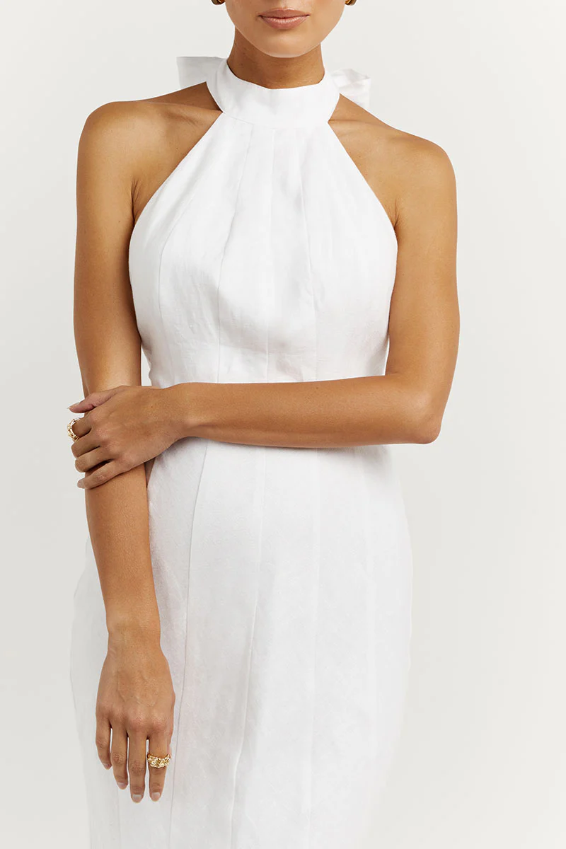 AISLE WHITE LINEN HIGH NECK DRESS - Gamepaces