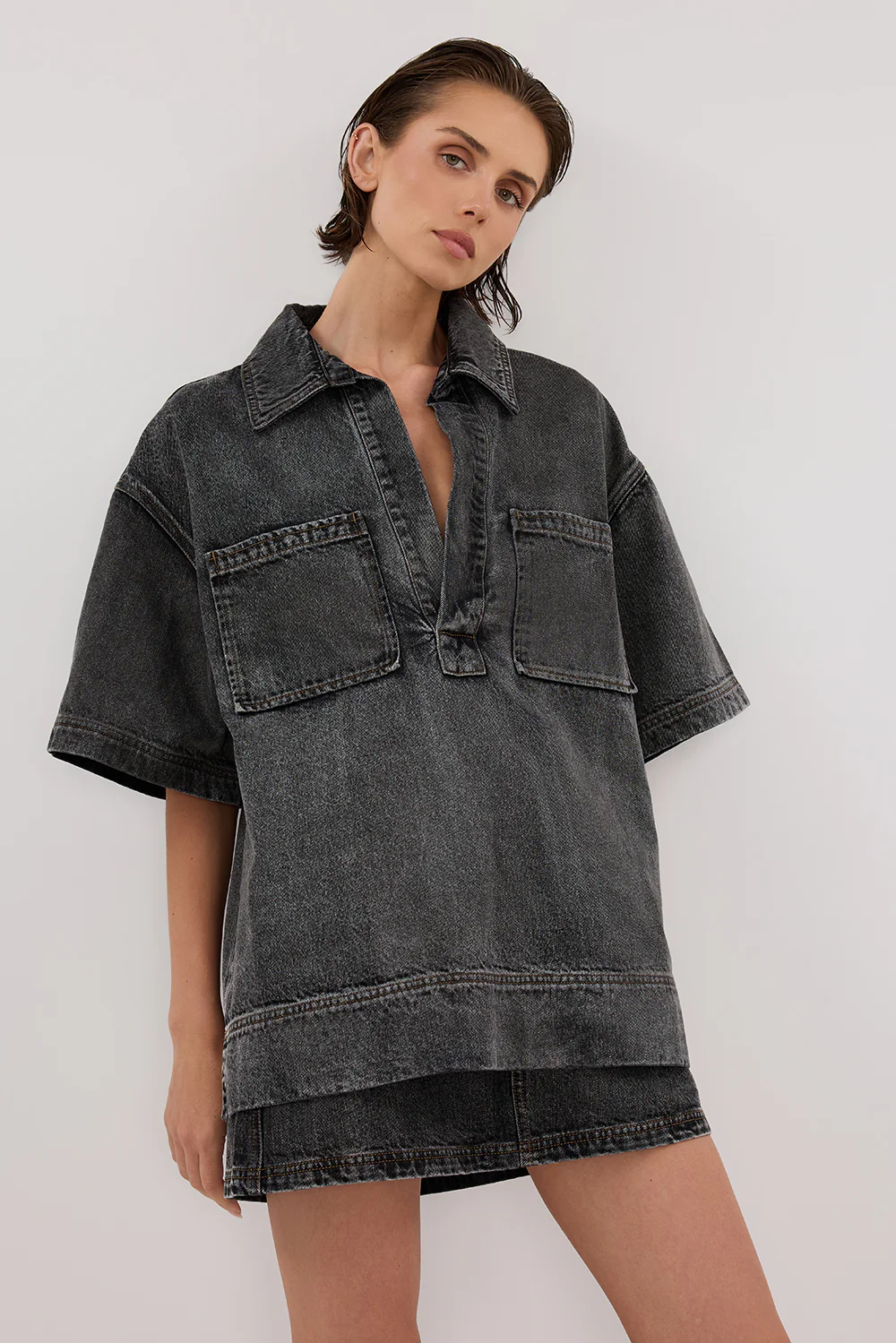 MASON WASHED BLACK BOXY DENIM SHIRT - Gamepaces