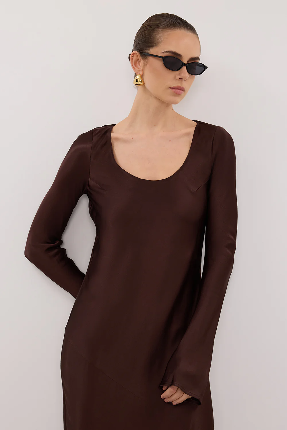 ELOISE BITTER CHOC LONG SLEEVE SATIN MIDI DRESS - Gamepaces