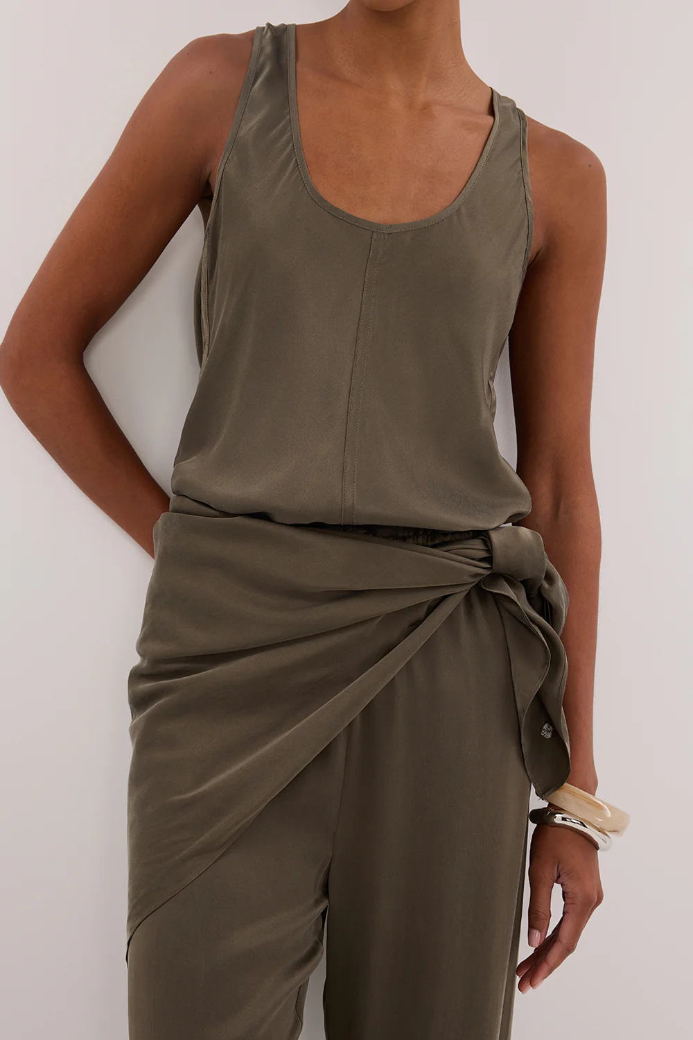 PERCY OLIVE SILK SCARF TOP - Gamepaces