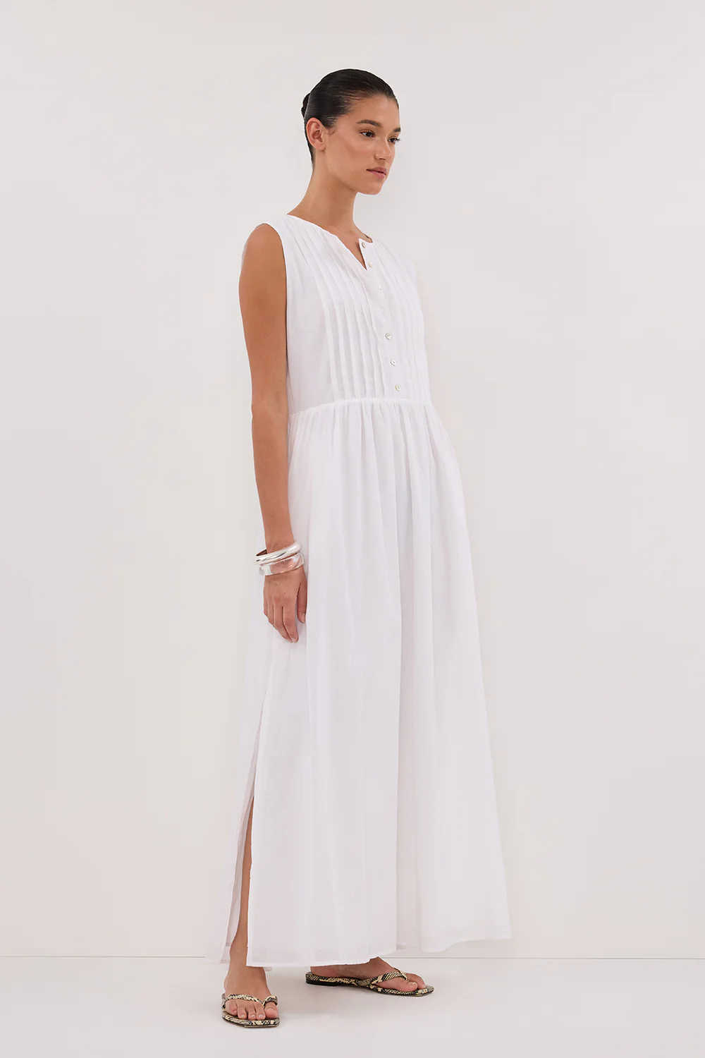 LARS WHITE PINTUCK LINEN MIDI DRESS - Gamepaces